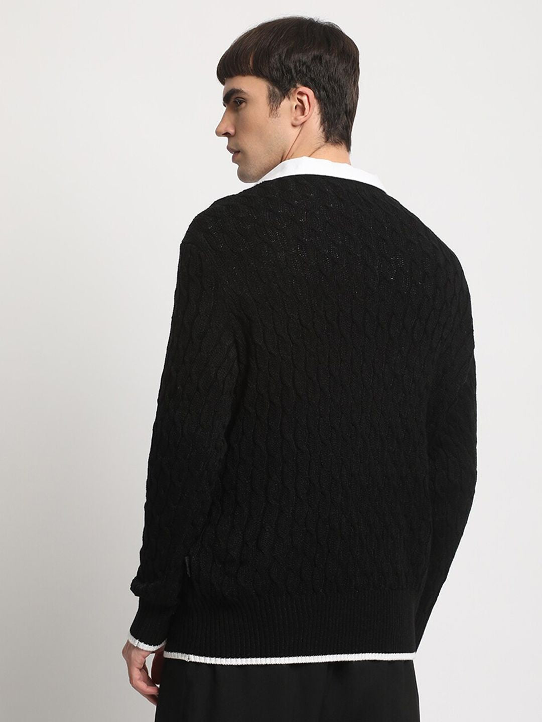 THE BEAR HOUSE Self Design V-Neck Woollen Pullover Sweater