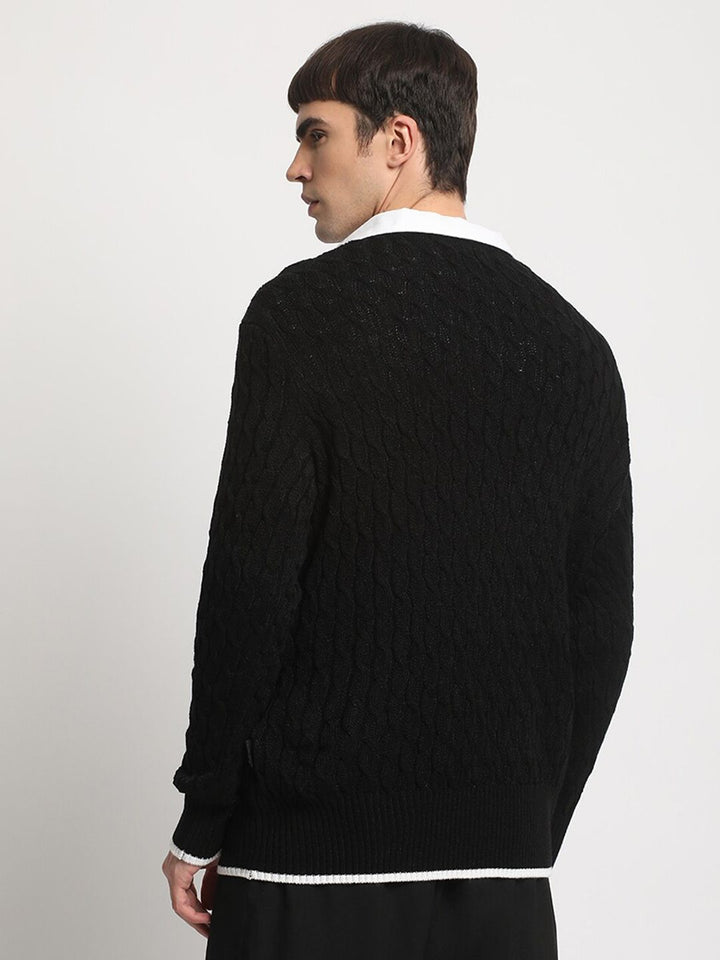 THE BEAR HOUSE Self Design V-Neck Woollen Pullover Sweater