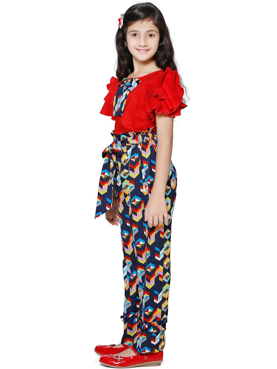 Cutiekins Girls Red & Navy Blue Printed Top With Palazzos