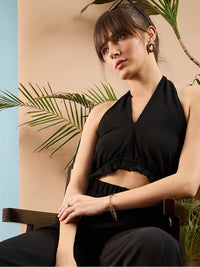 SASSAFRAS Black Halter Neck Basic Jumpsuit