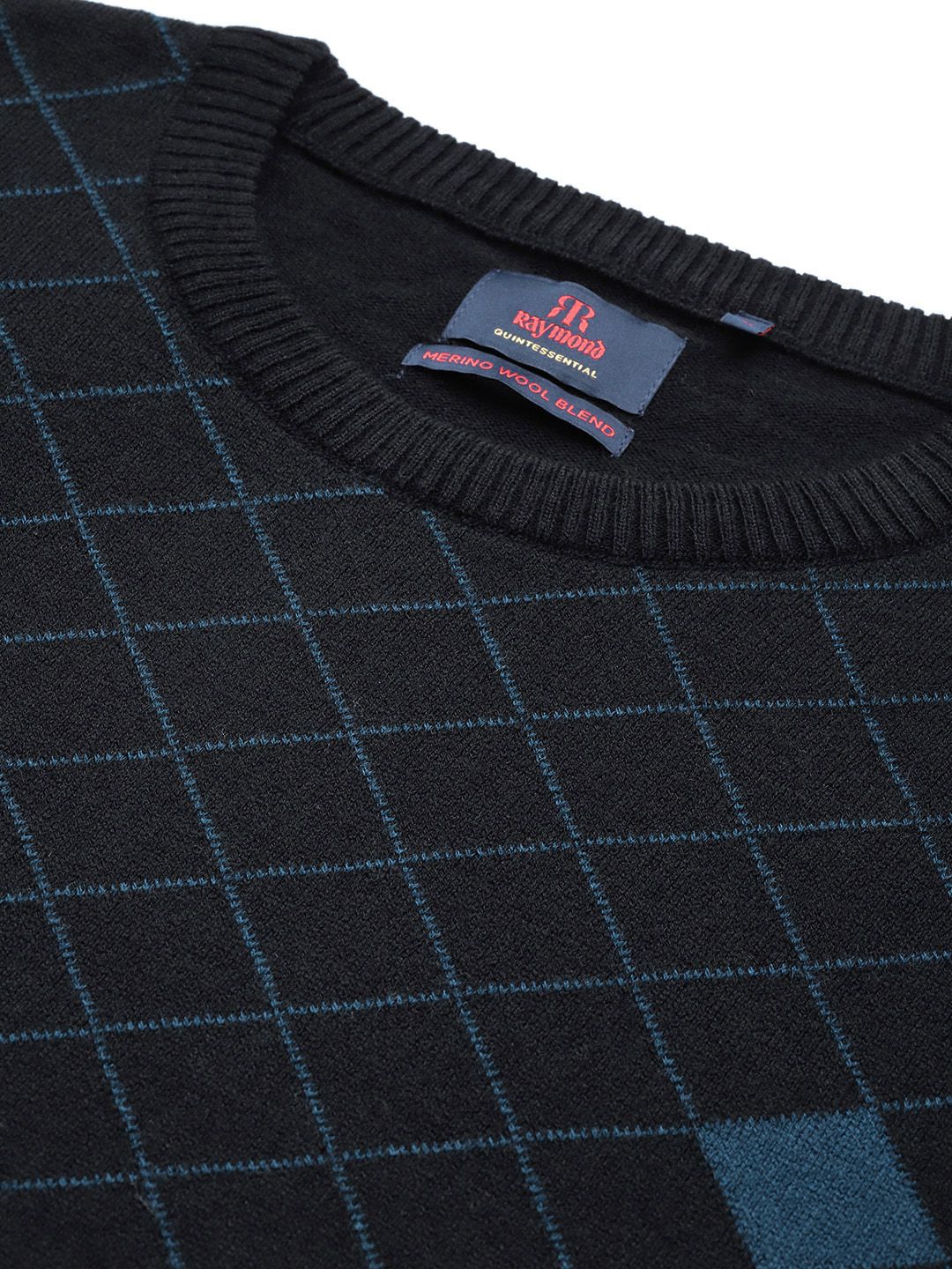 Raymond Men Black & Teal Blue Checked Pullover