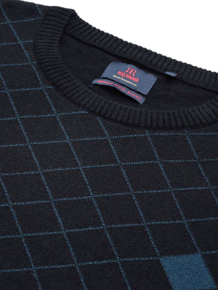 Raymond Men Black & Teal Blue Checked Pullover