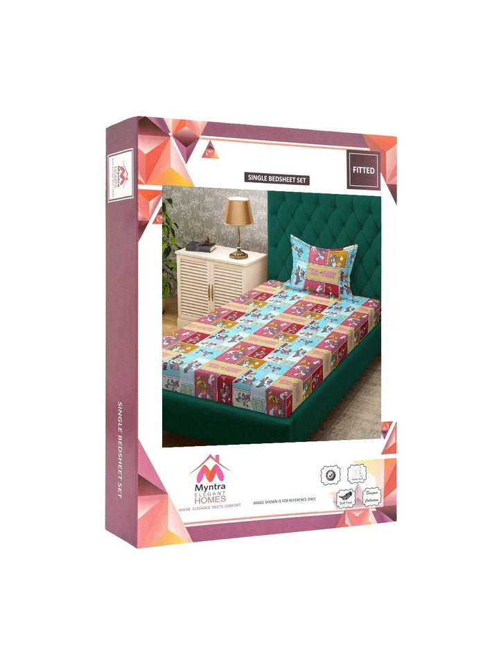 Myntra Elegant Homes Multicoloured Cartoon Characters 400 TC Single Bedsheet with 1 Pillow Covers