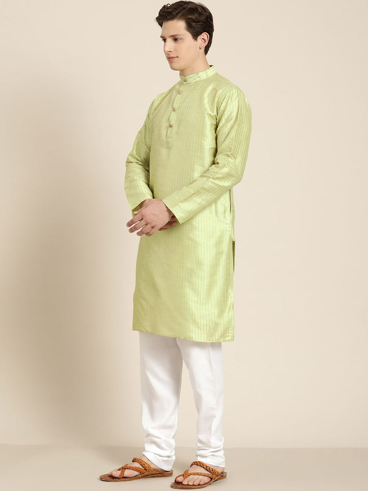 SOJANYA Men Green & Beige Striped Thread Work Straight Kurta Churidar Nehru Jacket