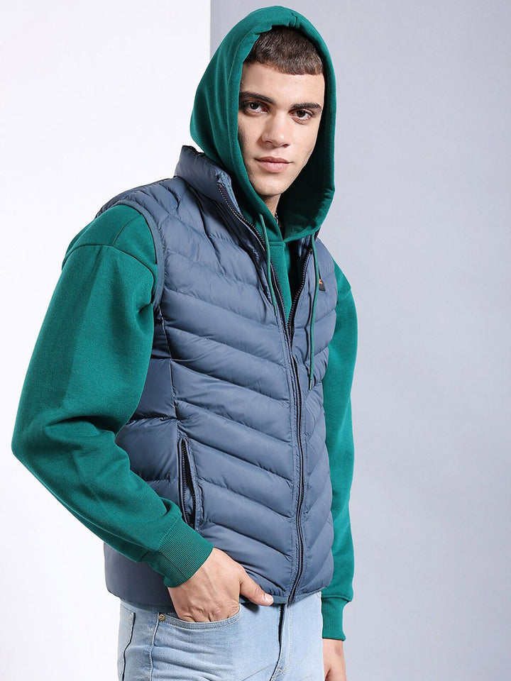 The Indian Garage Co Men Blue Floral Striped Outdoor Puffer Jacket