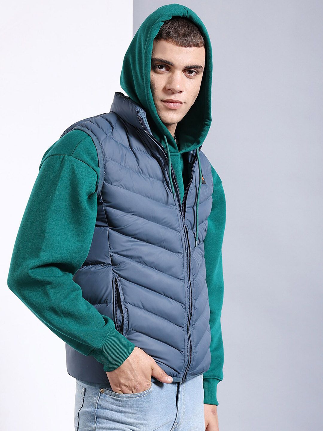 The Indian Garage Co Men Blue Floral Striped Outdoor Puffer Jacket