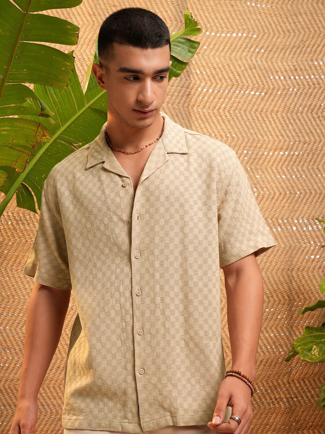 HIGHLANDER Men Dobby Textured Solid Cuban Collar Relaxed Shirt