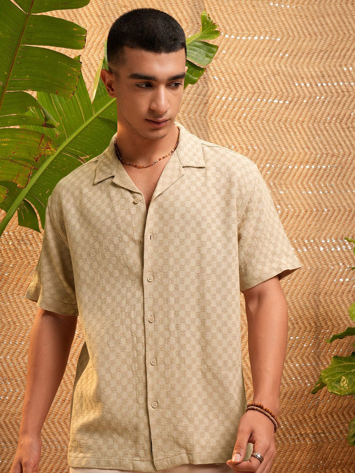 HIGHLANDER Men Dobby Textured Solid Cuban Collar Relaxed Shirt