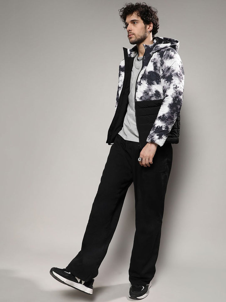 Campus Sutra Men Black Tie and Dye Hooded Windcheater Bomber Jacket