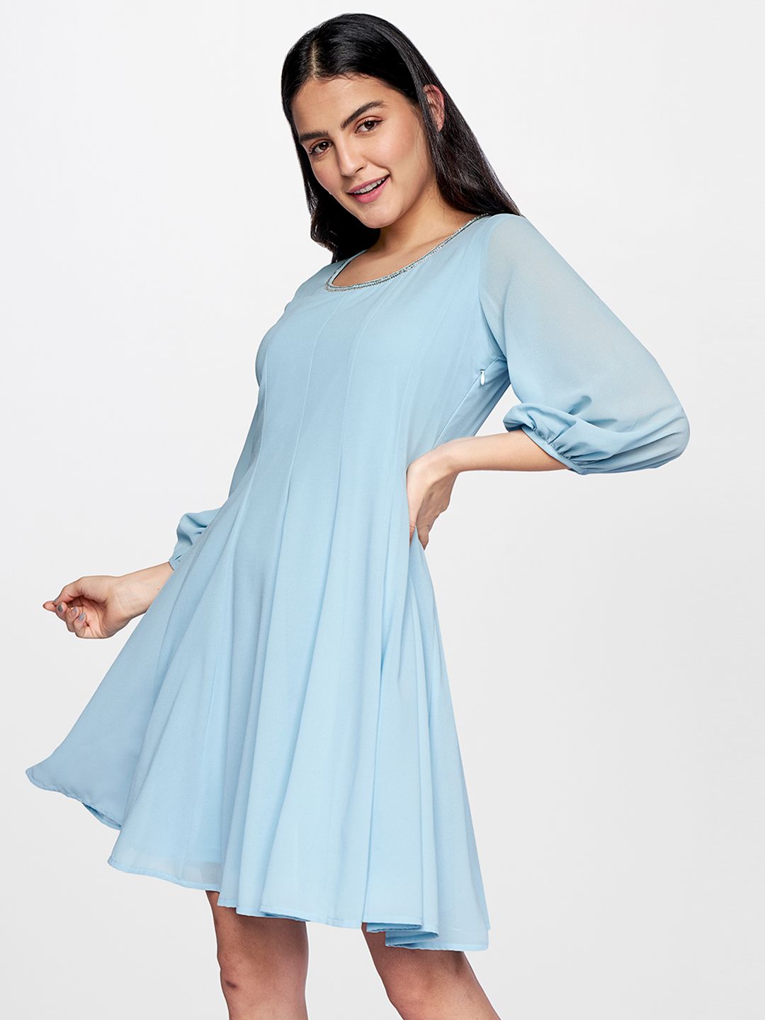 AND Blue Solid Gathered A-Line Dress