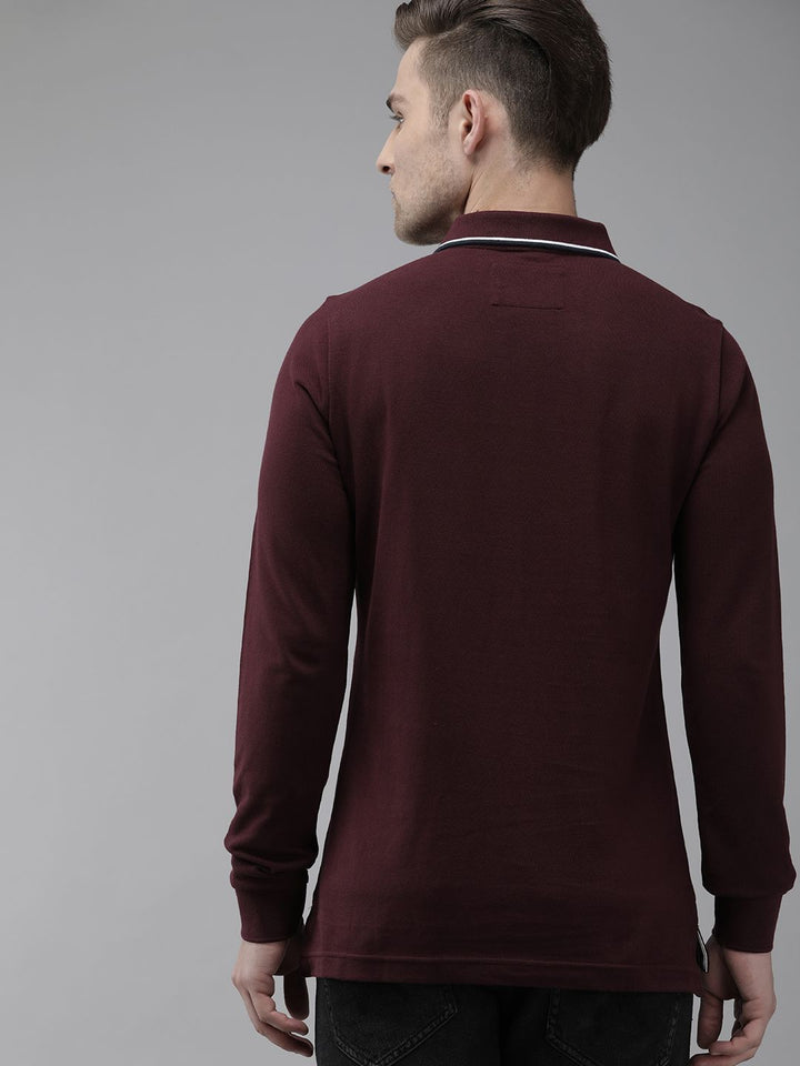 THE BEAR HOUSE Men Maroon Polo Collar Cuffed Sleeves Cotton Applique Slim Fit T-shirt