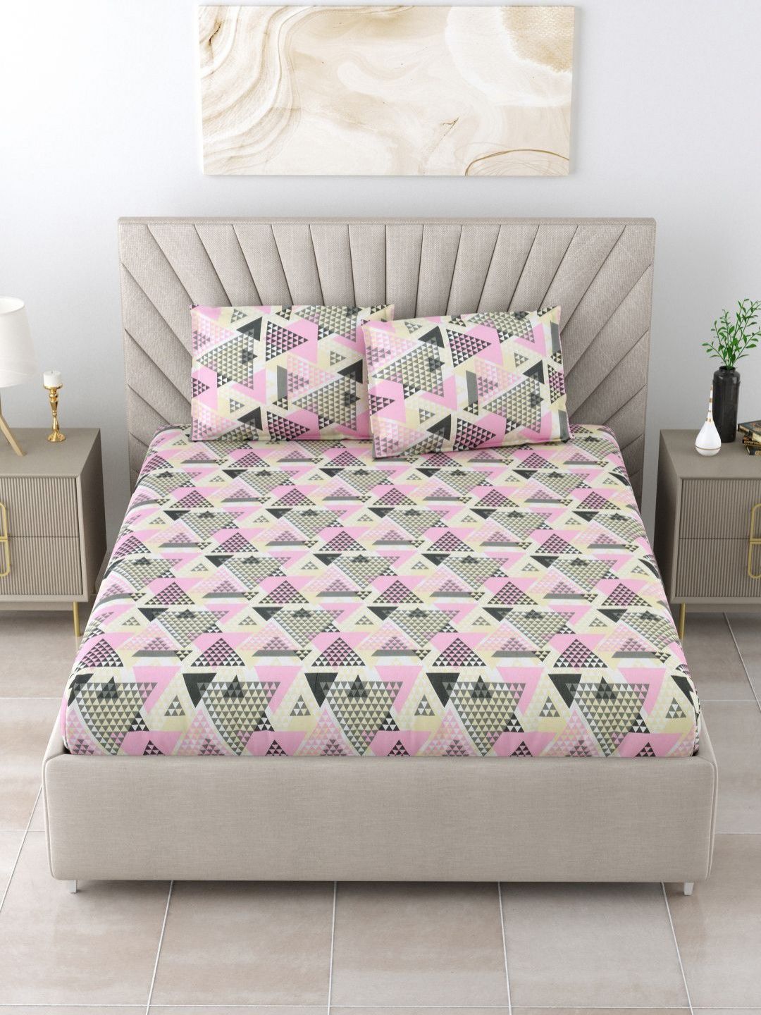 BOMBAY DYEING Epigram Grey Printed Pure Cotton 120 TC Queen Bedsheet Set 2.24 m X 2.54 m