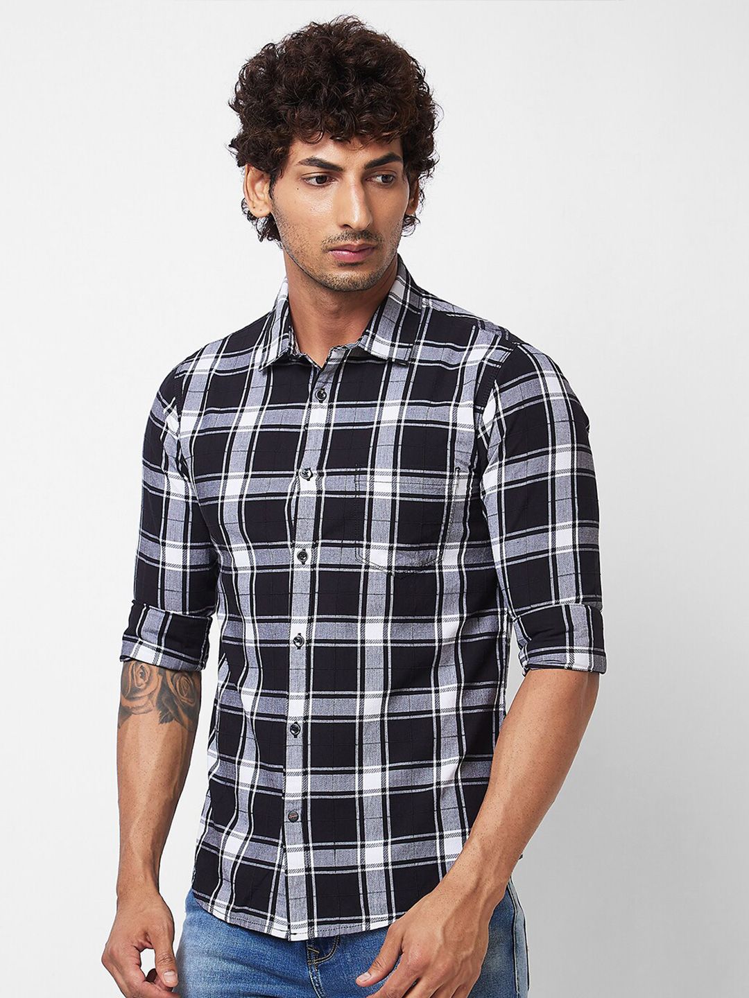 SPYKAR Tartan Checked Spread Collar Cotton Casual Shirt