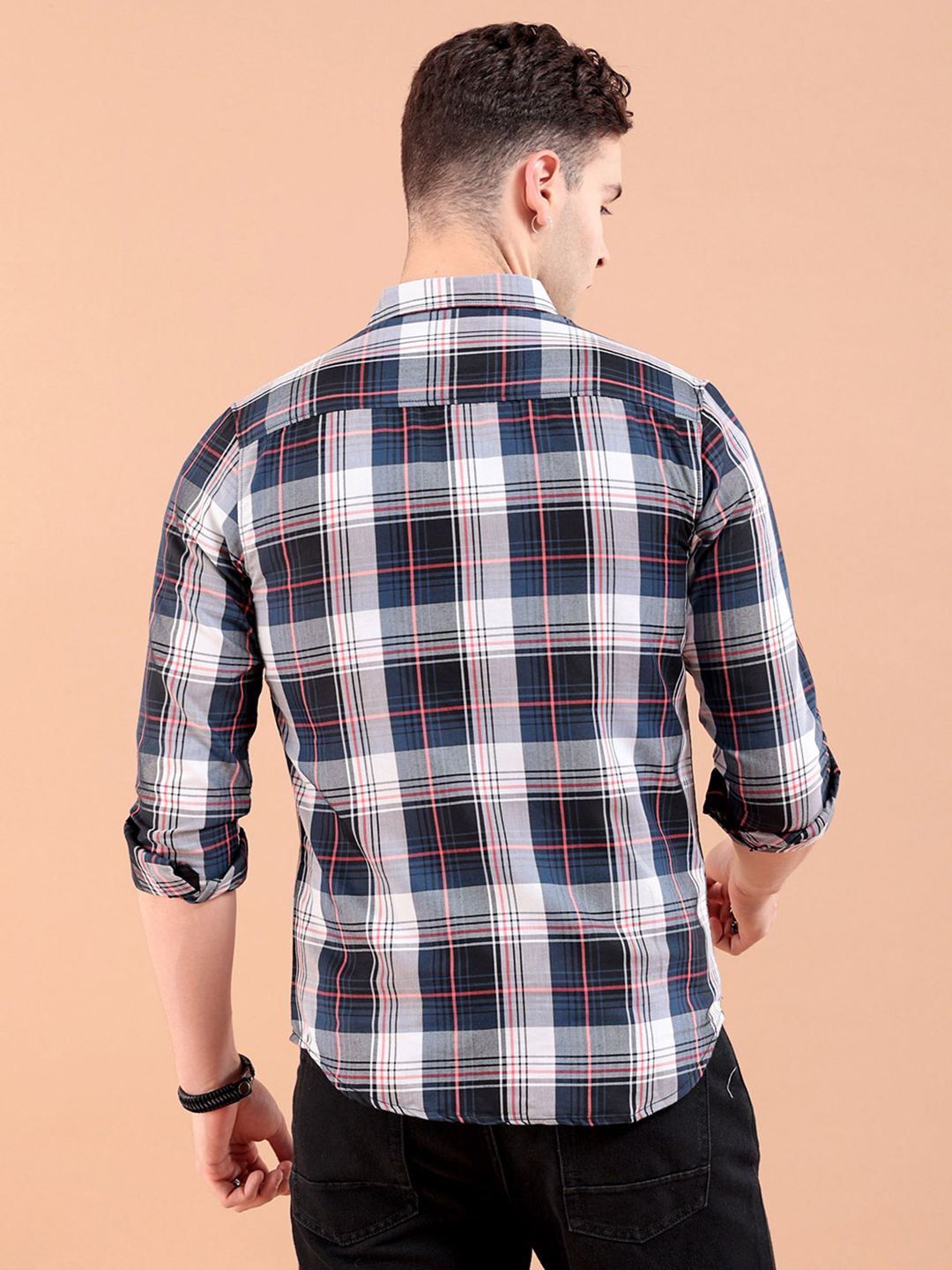 The Indian Garage Co Men Teal Blue & White Gingham Checked Pure Cotton Casual Shirt