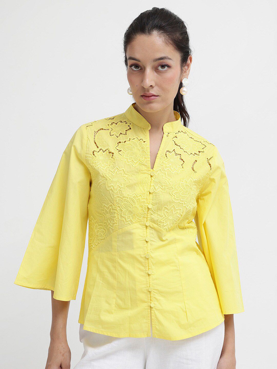 RAREISM Self Design Mandarin Collar Flared Sleeve Cotton Top