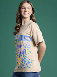 DressBerry Women Pure Cotton Typography Printed Drop-Shoulder Sleeves T-shirt