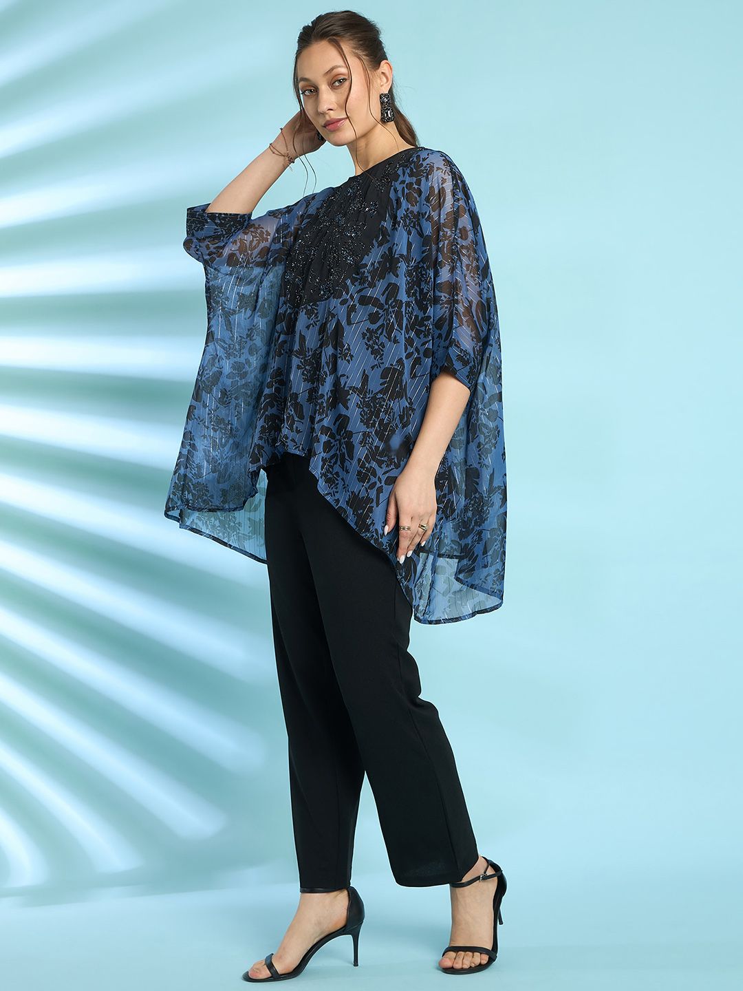 Antheaa Navy Blue Floral Printed Top With Trouser