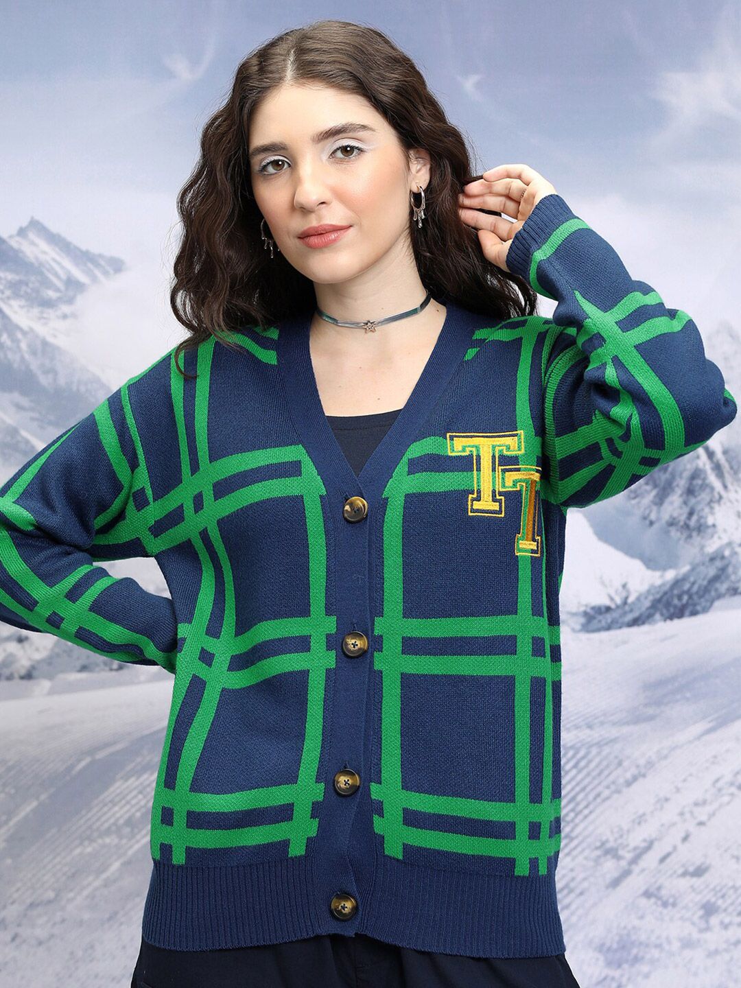Tokyo Talkies Checked V-Neck Cardigan