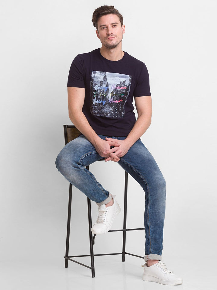 Being Human Men Navy Blue Printed T-shirt