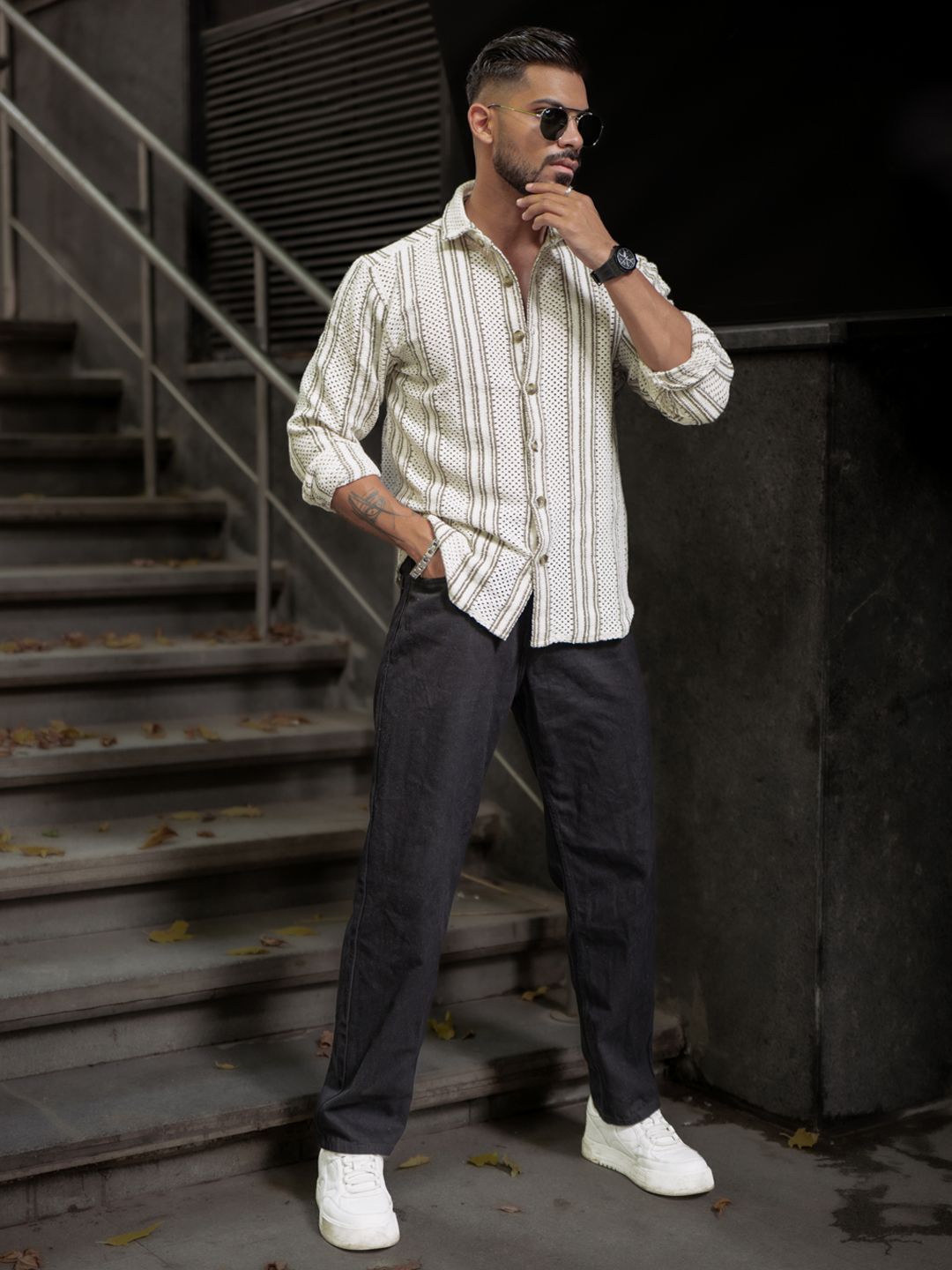 Powerlook Men Spread Collar Vertical Striped Casual Shirt