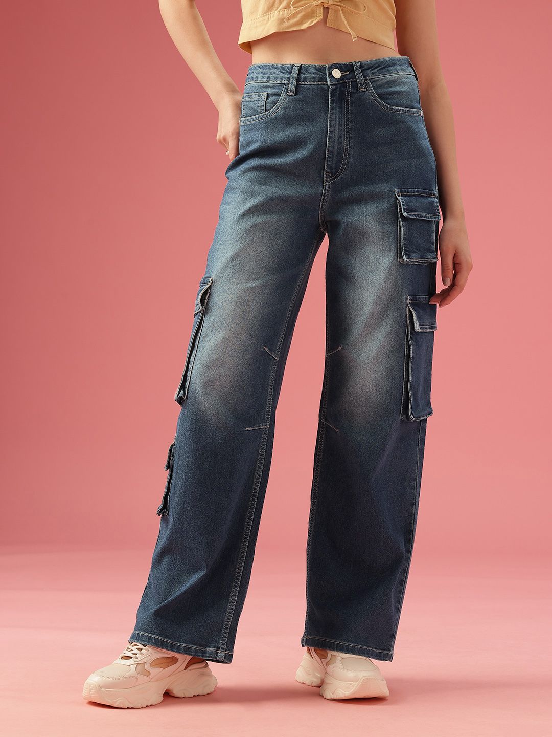 DressBerry Women Baggy Wide High-Rise Heavy Fade Stretchable Jeans