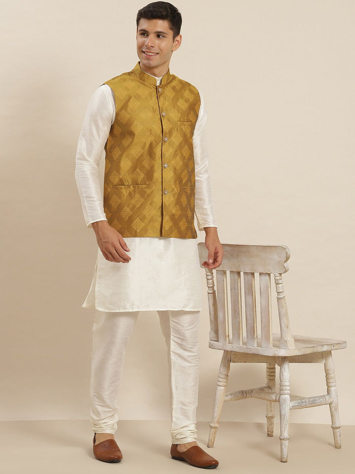 SOJANYA Band Collar Straight Kurta with Churidar & Nehru Jacket