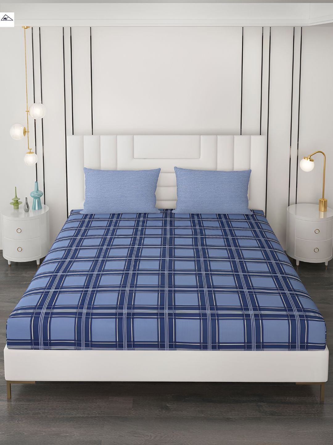 Monte Carlo Blue Geometric 200 TC Queen Bedsheet with 2 Pillow Covers