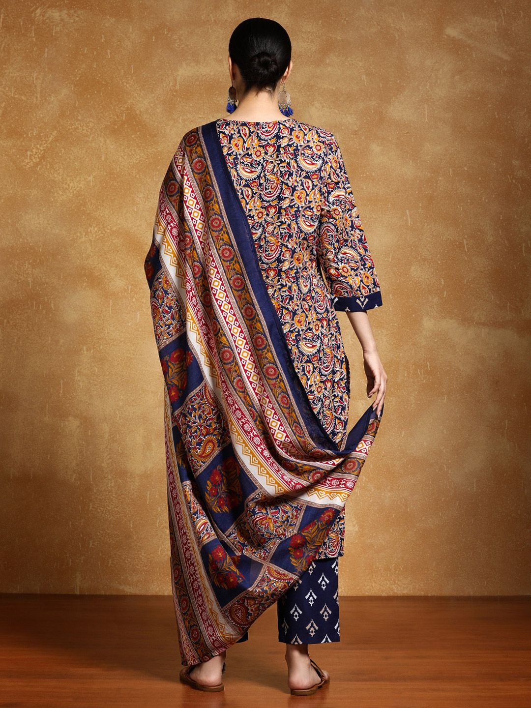 Varanga Floral Printed V-Neck Straight Kurta With Trousers And Dupatta