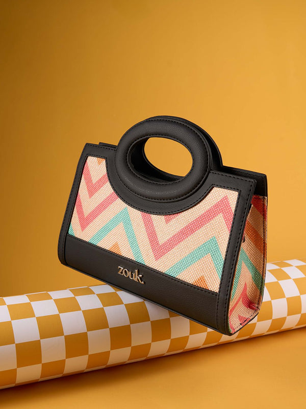 ZOUK Geometric Printed Jute Structured Sling Bag