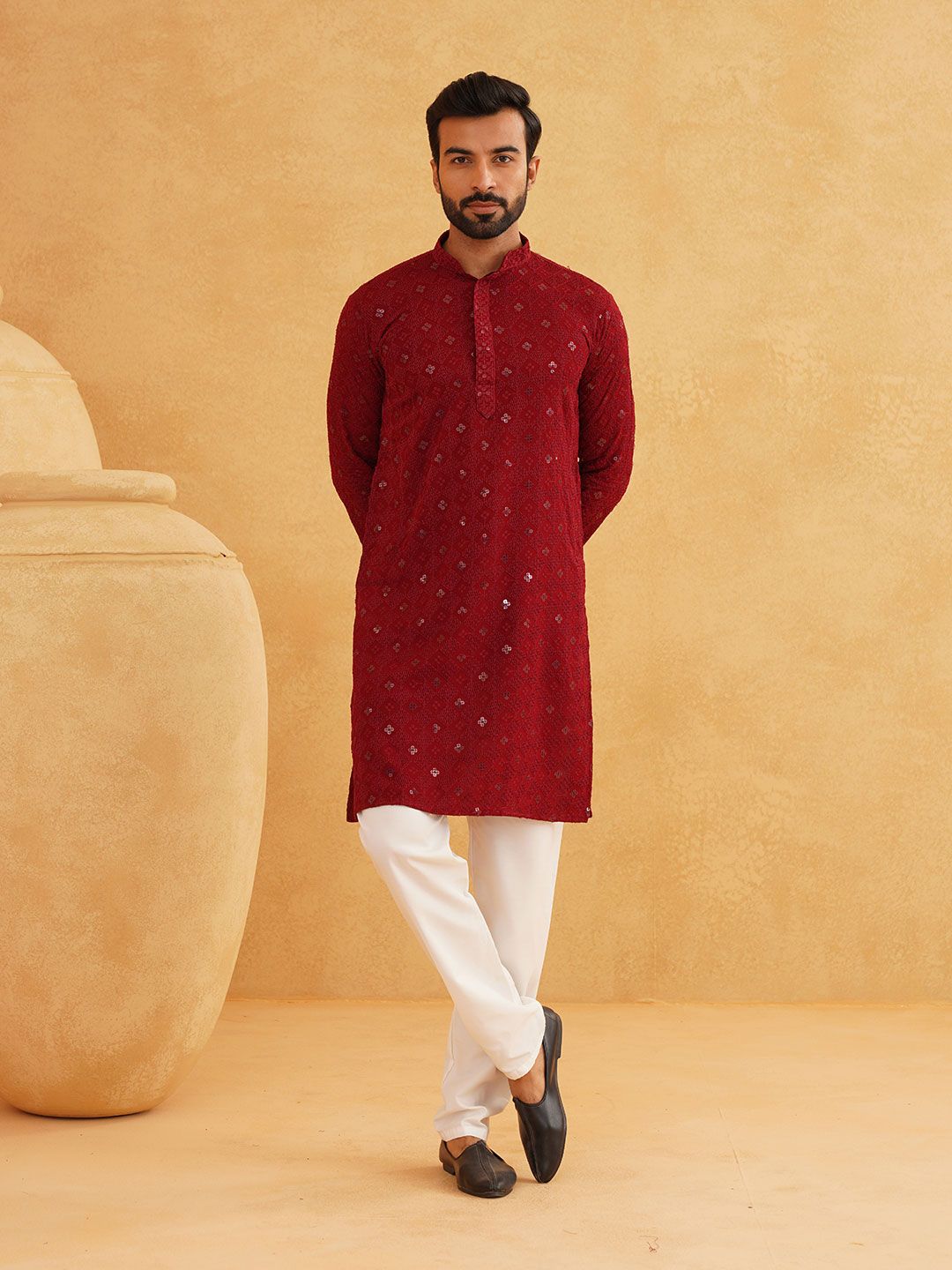 SOJANYA Kolar Mandarin Sulam Lengan Panjang Kurta Lurus