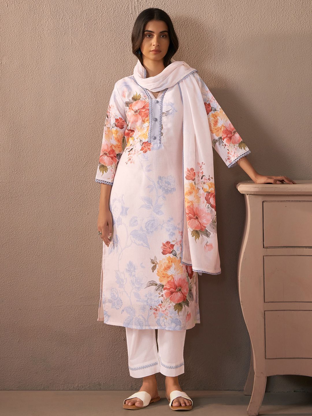 Indo Era Floral Printed Beads And Stones Linen Kurta Wiith Trousers And Dupatta