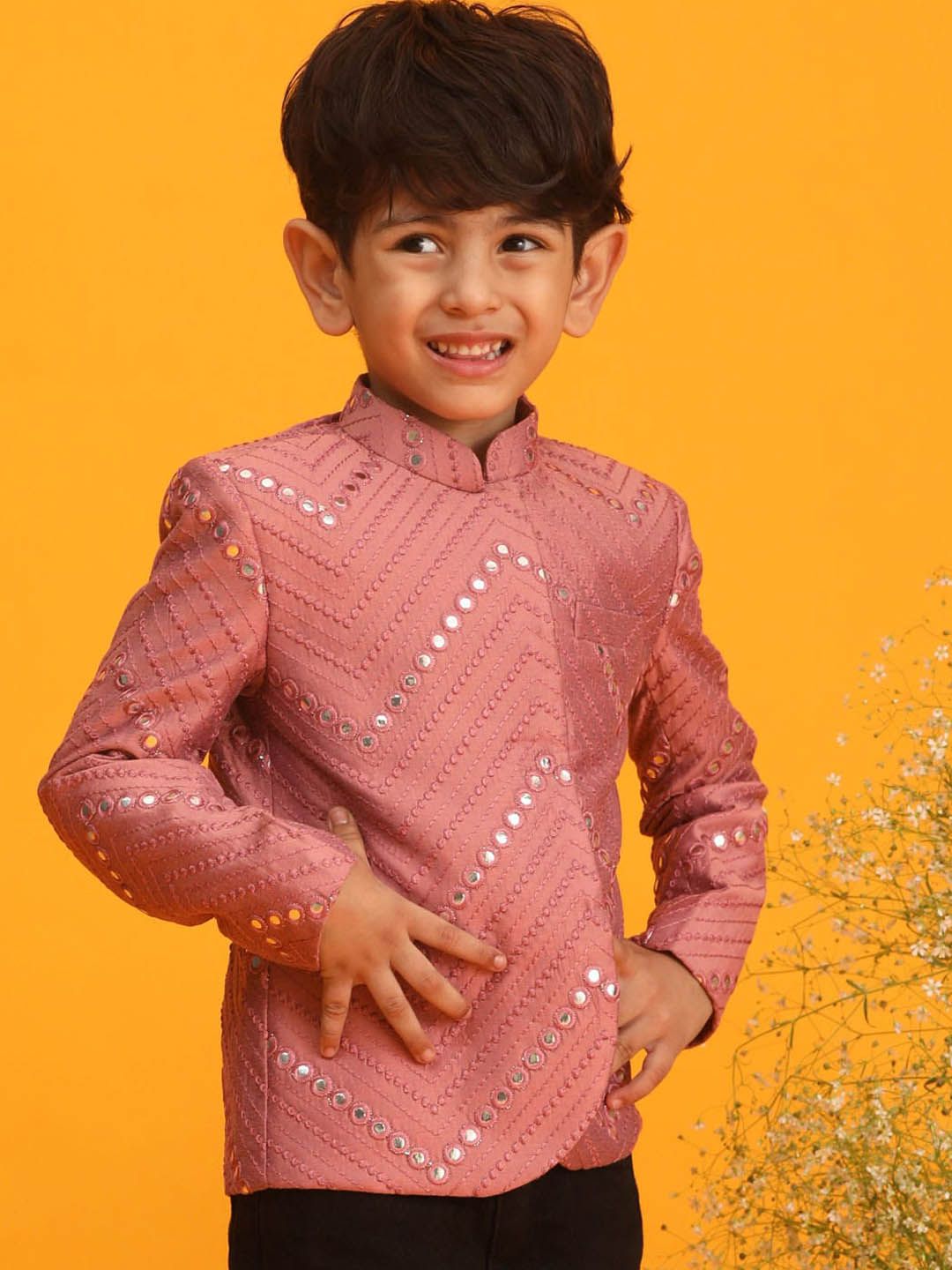VASTRAMAY Boys Mirror Work Embroidered Slim-Fit Bandhgala Ethnic Blazer