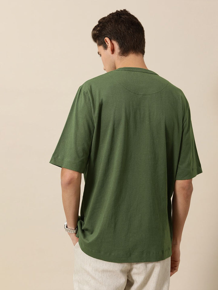 Mr Bowerbird Men Olive Green Pure Cotton Oversized Fit Round Neck T-shirt