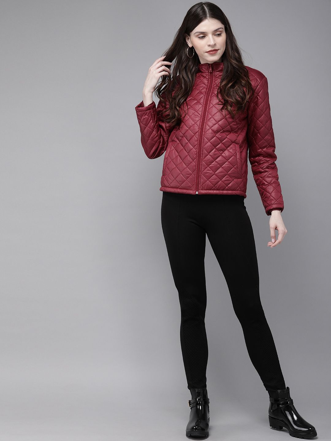 SASSAFRAS Women Maroon Solid Quilted Hooded Jacket