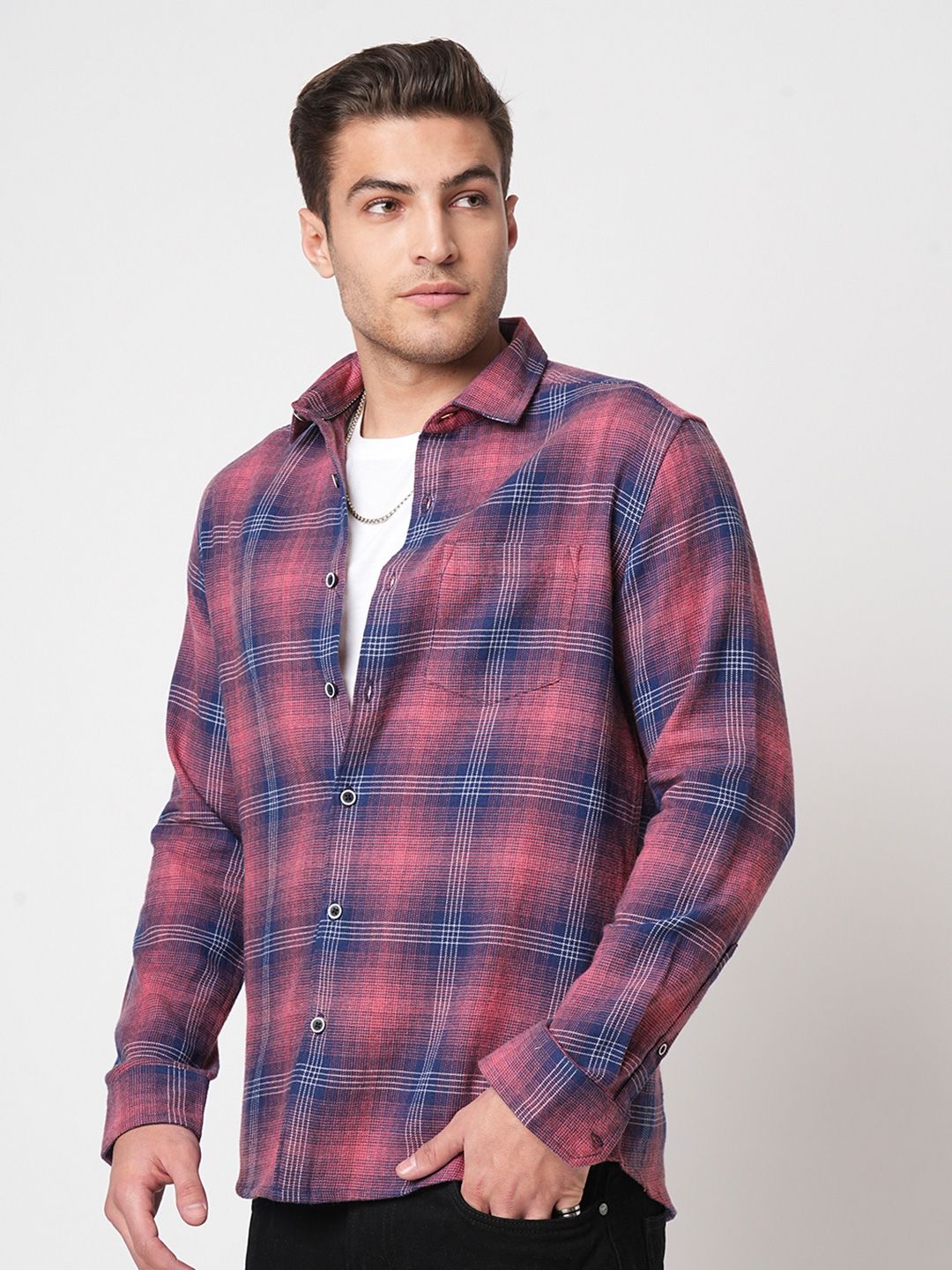 VASTRADO Men Classic Fit Spread Collar Checked Cotton Casual Shirt