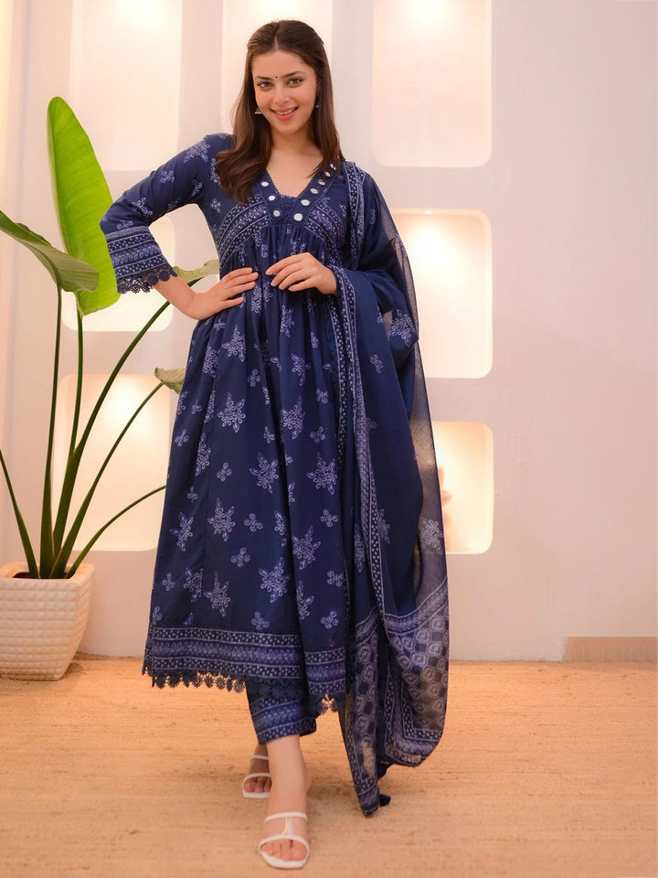 Kalini Floral Printed V-Neck Empire Anarkali Mirror Work Kurta With Trousers & Dupatta
