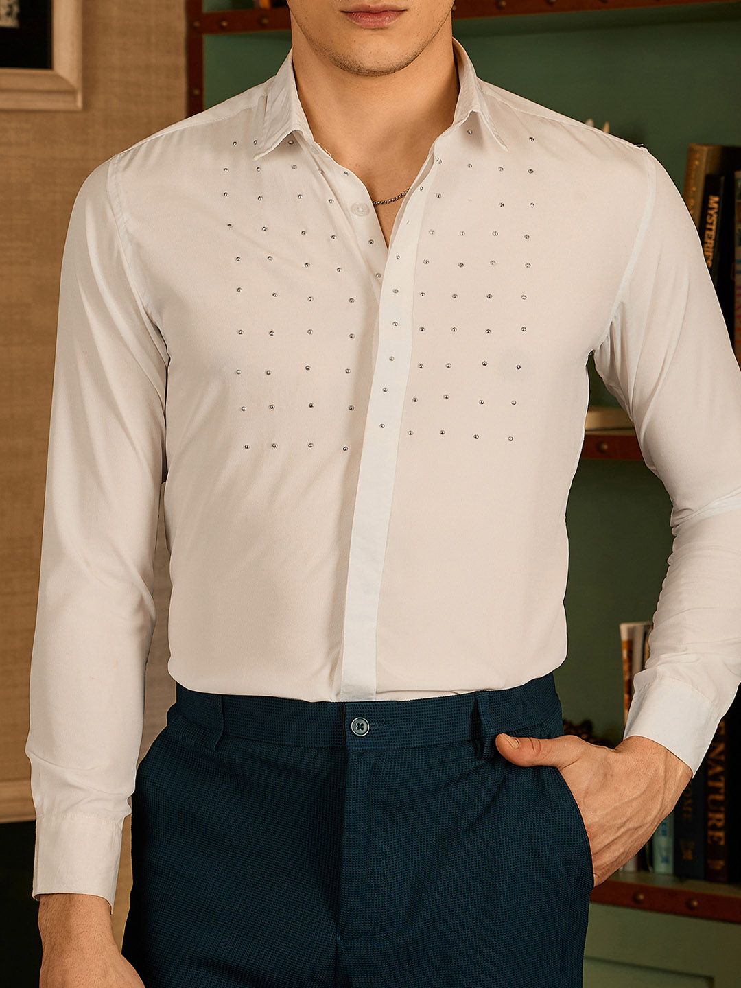 DENNISON Men Spread Collar Embellished Party Shirt