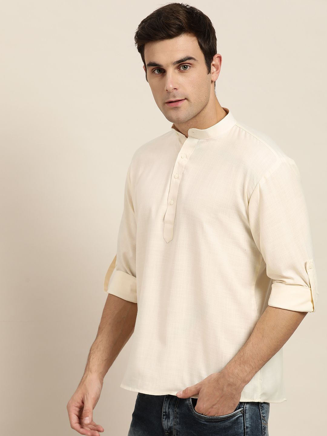 SOJANYA Kurta Lurus Pepejal Berwarna Krim Lelaki
