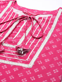 Varanga Women Pink Bandhani Printed Kurta with Trousers & With Dupatta