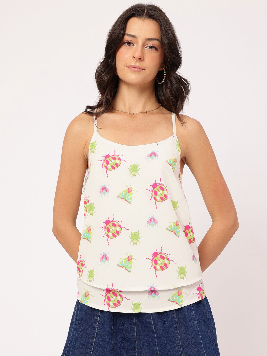 DressBerry Entomo-Style Shoulder Straps Bug-Printed Layered Top