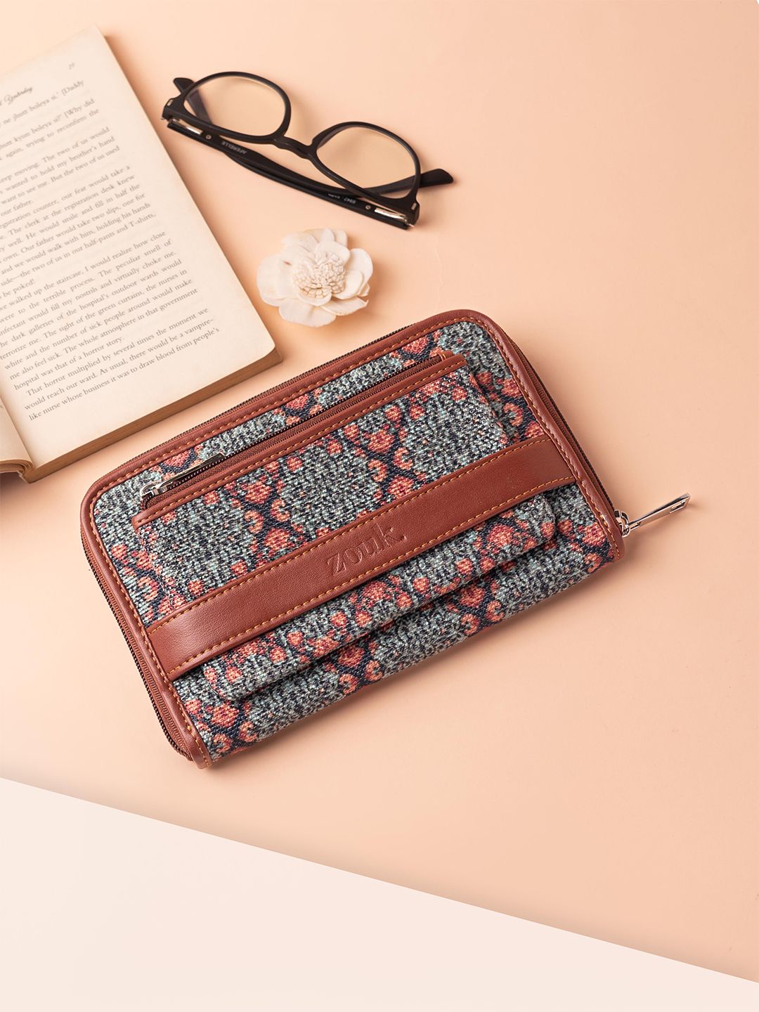 ZOUK Women Teal & Blue Ethnic Motifs Printed Zip Detail Zip Around Wallet