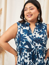 Berrylush Curve Women Floral Print Pure Cotton Pleated A-Line Dress