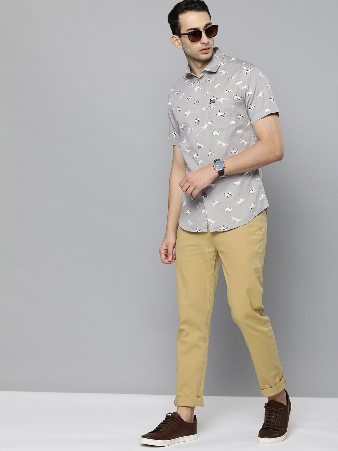 The Indian Garage Co Men Grey Slim Fit Printed Casual Shirt
