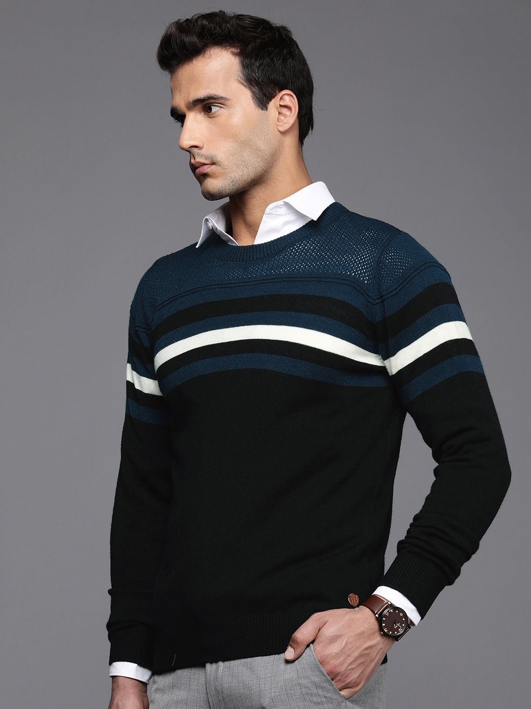 Raymond Men Black & White Striped Round Neck Long Sleeves Pullover