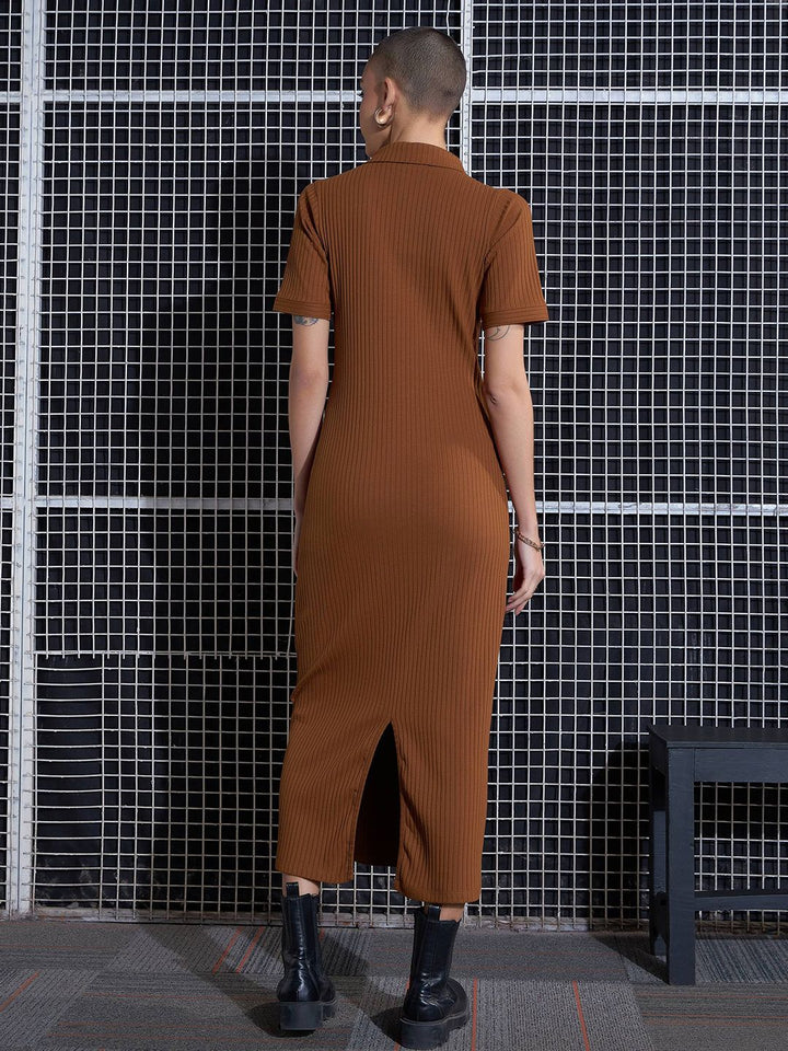 SASSAFRAS Brown Self Design Midi Sheath Dress