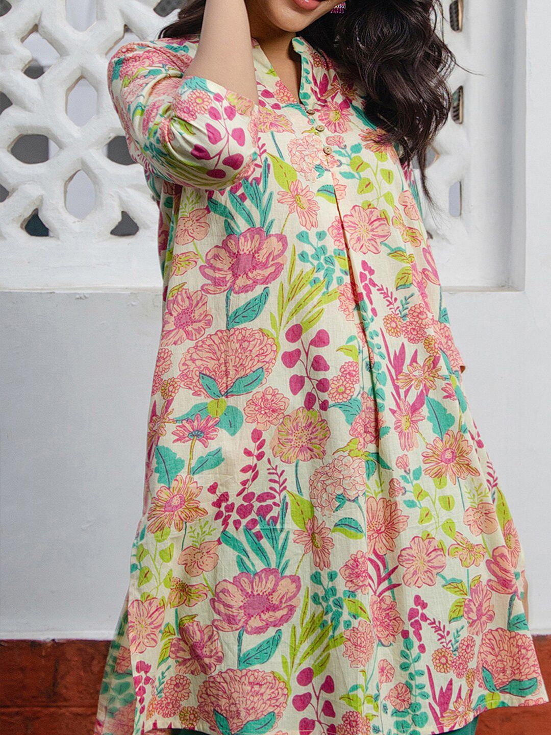 Janasya Pure Cotton Floral Printed A-Line Tunic