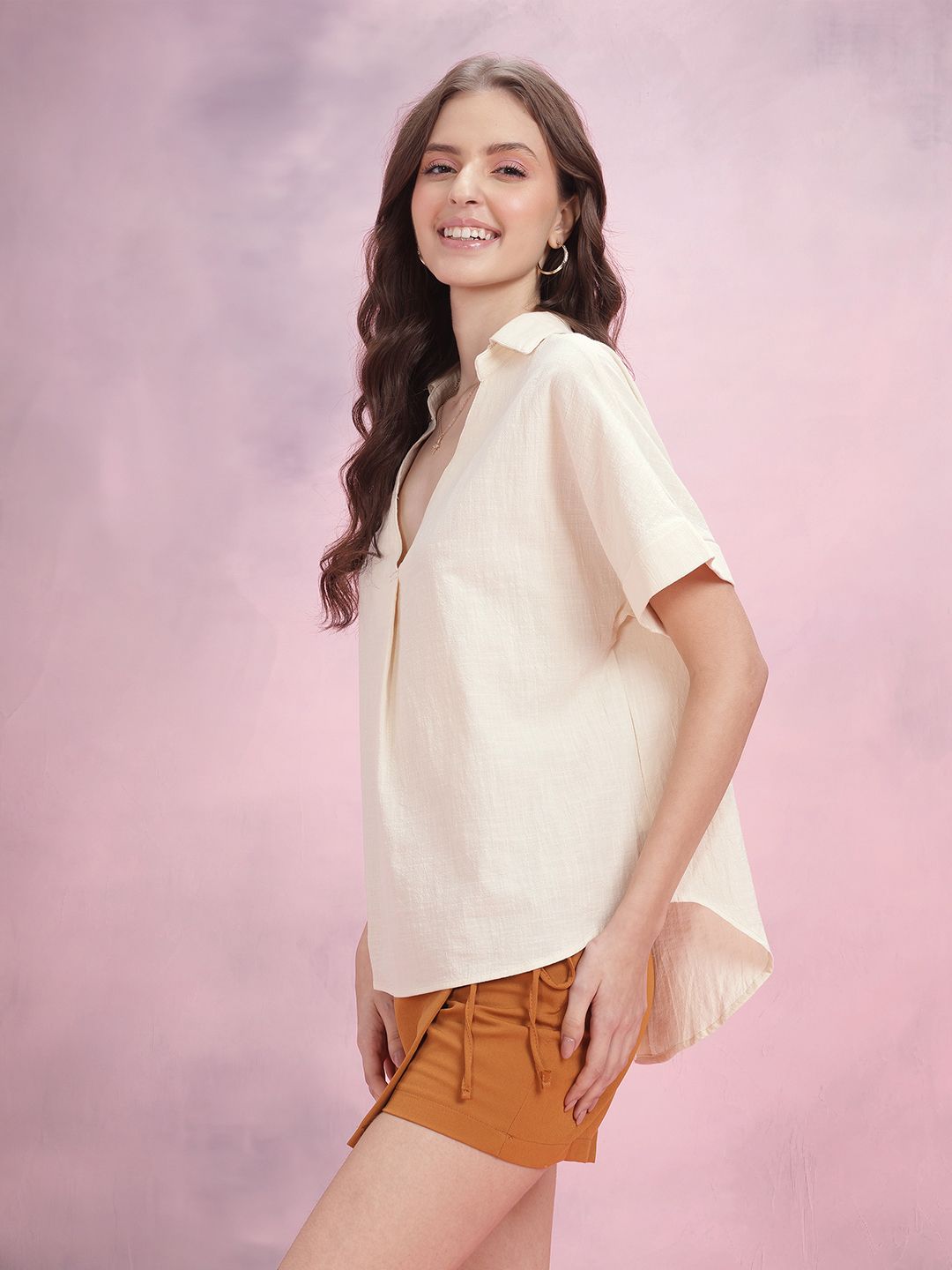 DressBerry Extended Sleeves Cotton High Low Top