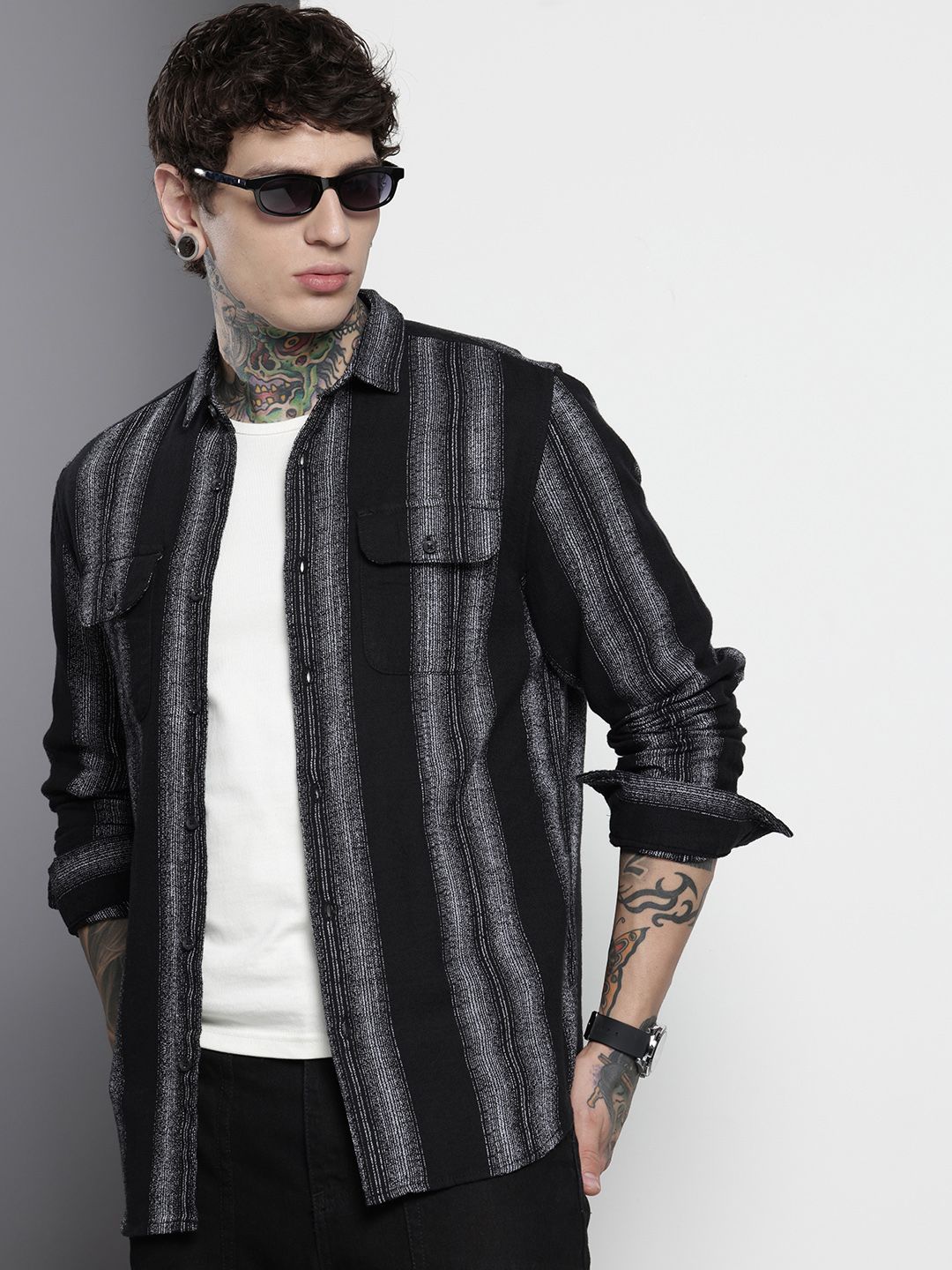 The Indian Garage Co Men Slim Fit Striped Double Flap Casual Shirt