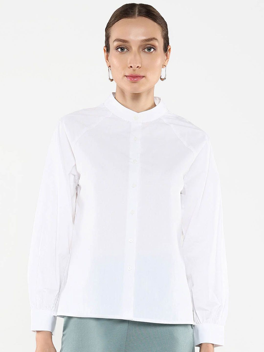 Rareism Women Mandarin Collar Cotton Shirt Style Top