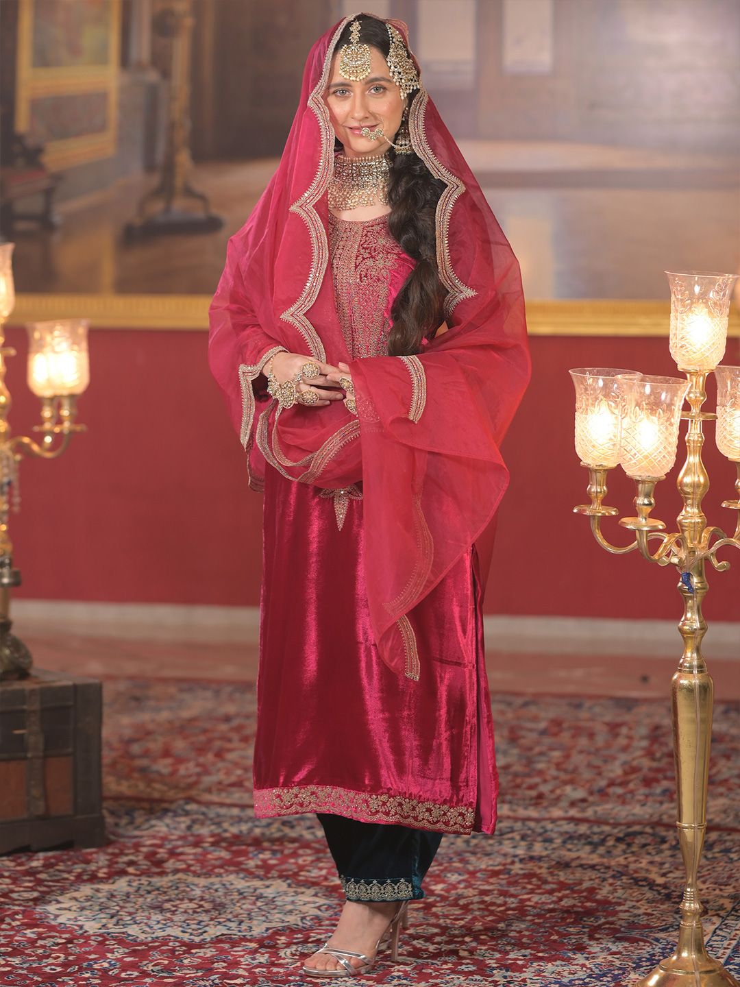 Indo Era Ethnic Motifs Embroidered Sequinned Velvet Kurta With Trousers & Dupatta
